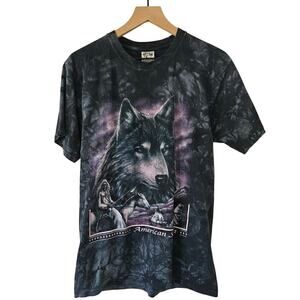 Back To Earth Tie Dye Wolf American Spirit Short Sleeve Tee M‎ Black Purple